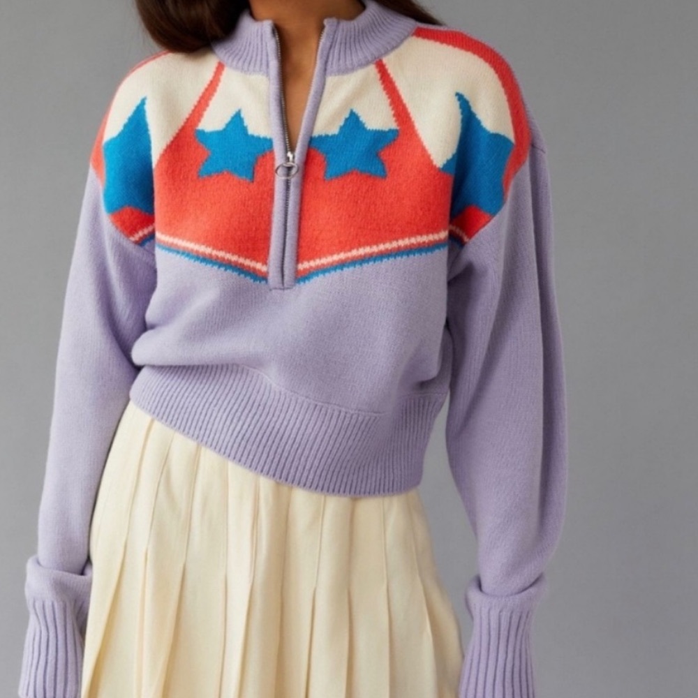 Urban Outfitters BDG Jesse half zip sweater lavender stars ski-style size S euc